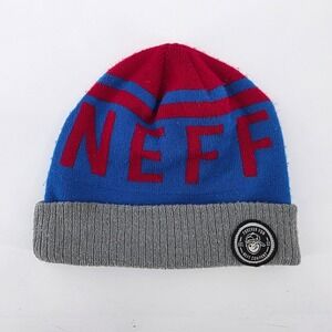 Neff Company Beanie Hat Blue Red Gray Knit Cuffed Logo "Forever Fun"